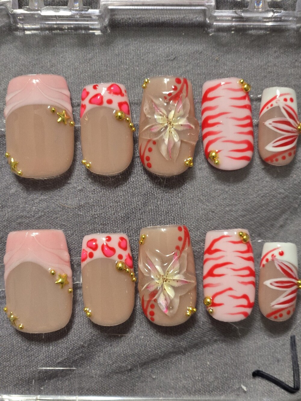 Neutral & Pink Floral Press-On Nail Set with Red Accents, Square Short Length